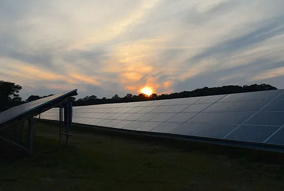 Solar panels with a sunset in the background